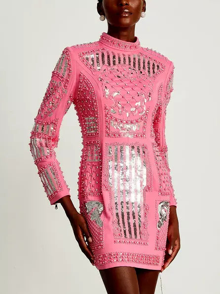 Sequin and Bead-Embellished Hot Pink Mini Dress Trendy Lace Mini Dress