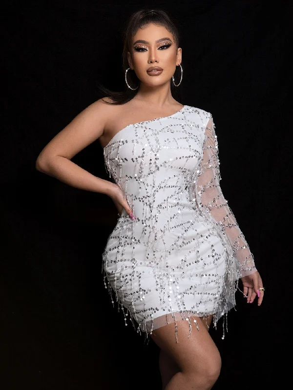 Sequin One Shoulder Spliced Mesh Sleeve Mini Dress Fashionable Denim Mini Dress