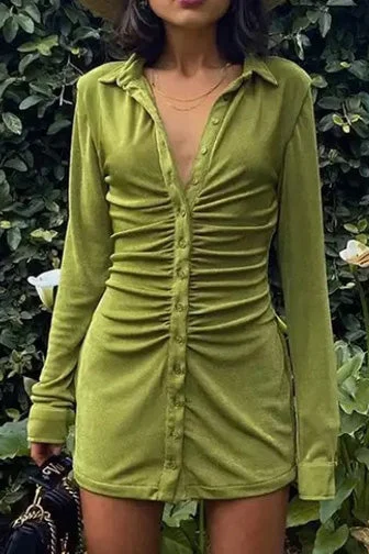 Sexy Green Shirt Long Sleeve Mini Dress Elegant Mini Dress with Ruffles