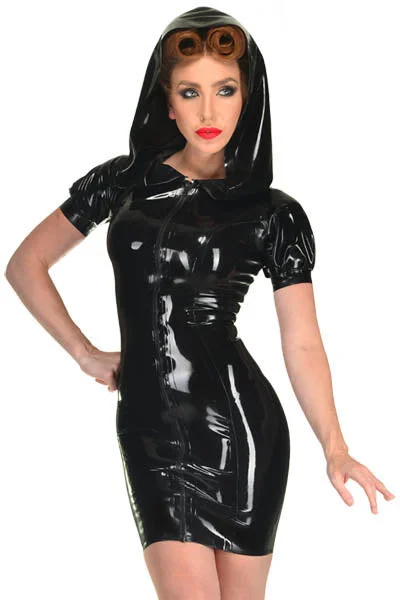 Sexy Ladies Gothic PVC Zip Up Bodycon Mini Dress Cozy Cowl Neck Mini Dress