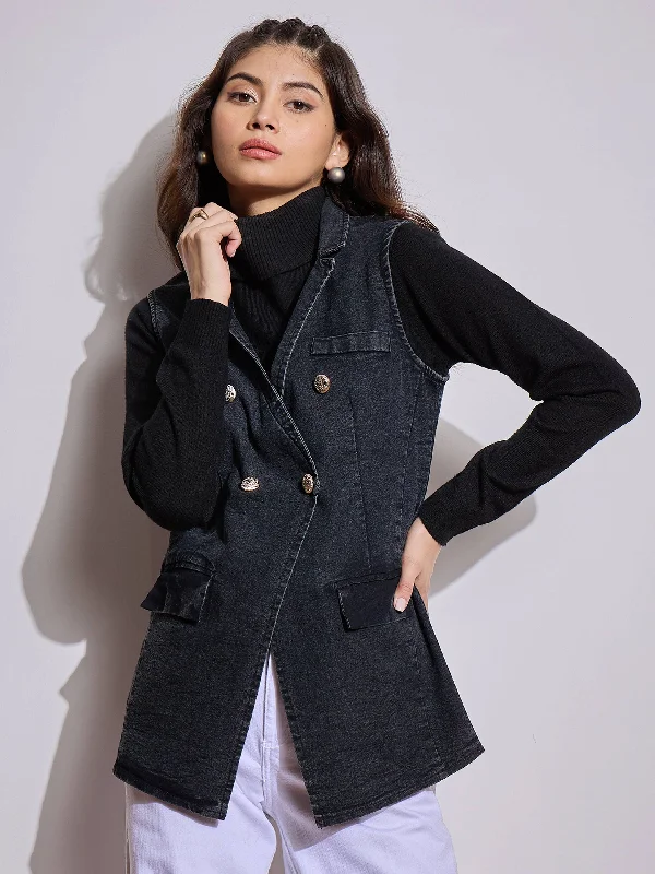 Women Black Denim Flap Pocket Sleeveless Jacket Appliqued Jacket Beaded Jacket Sequined Jacket Women Black Denim Flap Pocket Sleeveless Jacket Appliqued Jacket Beaded Jacket Sequined Jacket