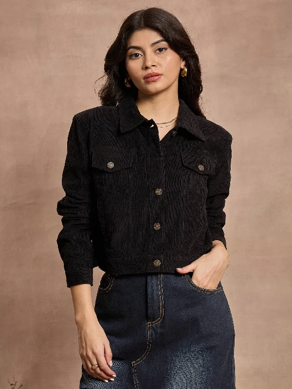 Women Black Corduroy Full Sleeve Jacket Front Pockets Side Pockets Patch Pockets