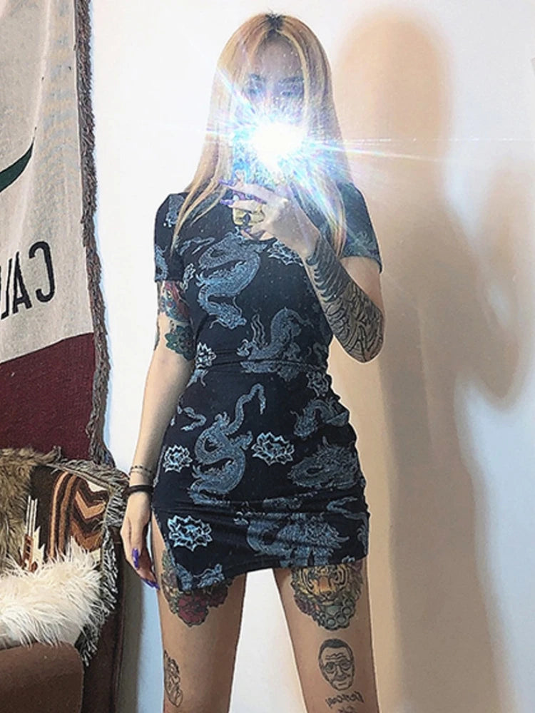 Sisterlinda Fashion Dragon Print Bodycon Mini Dress Women Short Sleeve Hollow Out Cheongsam Dresses 2020 Vestidos Dress Mujer Stylish Spaghetti Strap Mini Dress