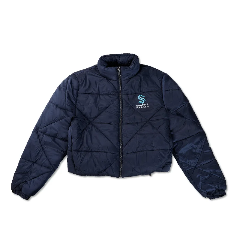 Seattle Kraken Womens Cropped Puffer Jacket A-Line Jacket Boat Neck Shawl Collar