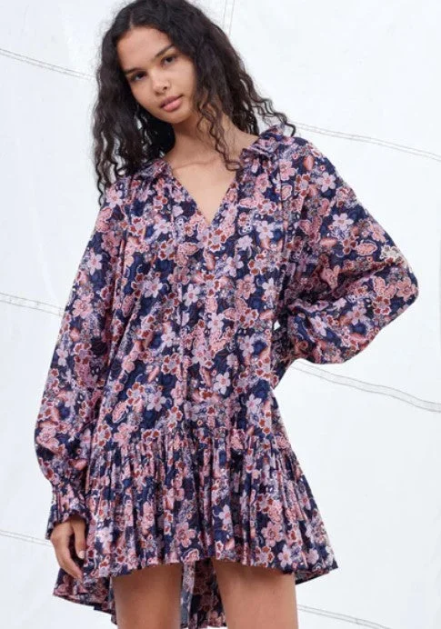 Sundry Boho Mini Dress - Navy Floral Chic Pleated Mini Dress