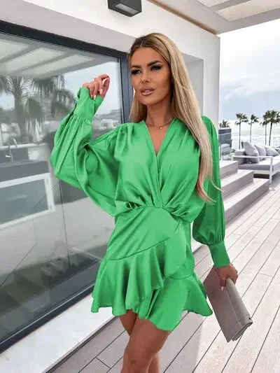 Blue Zone Planet |  Surplice Ruffle Hem Lantern Sleeve Mini Dress Fashionable Mini Dress with Frills