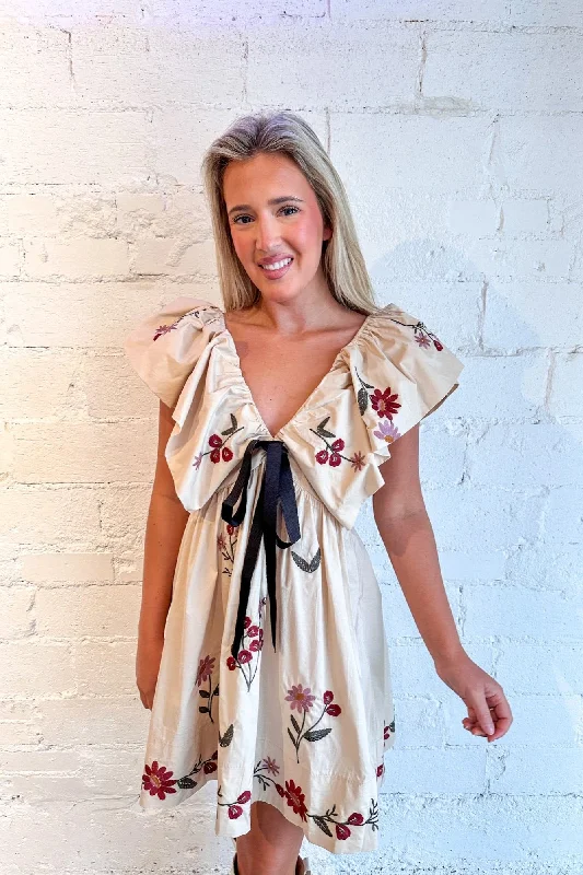 Sweet Hostess Embroidered Baby Doll Mini Dress Trendy Wraparound Mini Dress