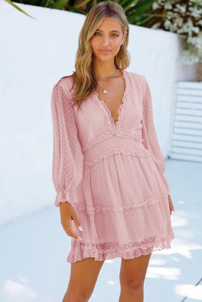 Blue Zone Planet |  Swiss Dot Frill V-Neck Mini Dress Trendy Tulle Mini Dress