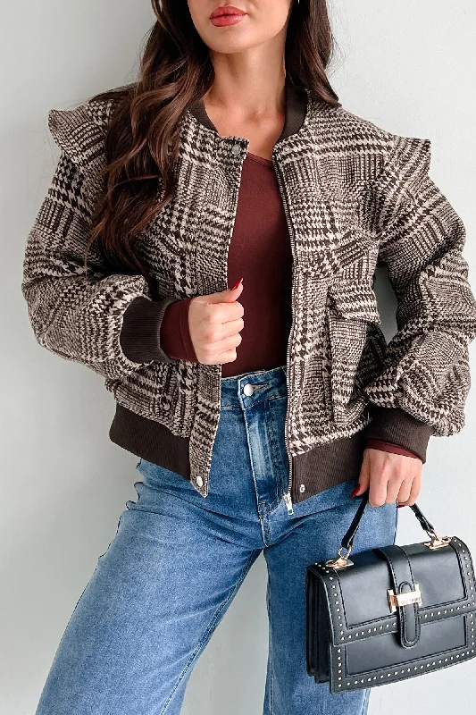 True Trailblazer Plaid Ruffle Bomber Jacket (Brown) Fleece Jacket Down Jacket Parka