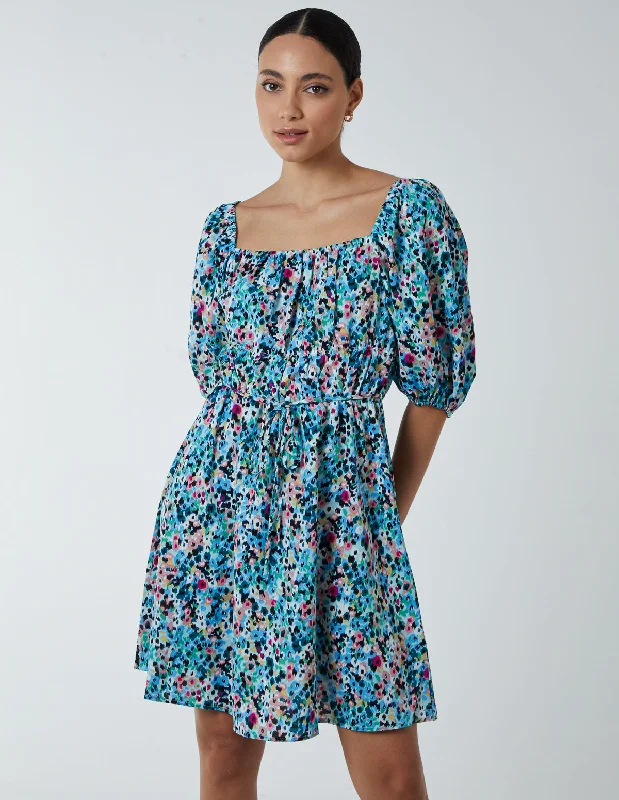 Square Neck Milkmaid Puff Sleeve Mini Dress Fashionable Mini Dress with Frills