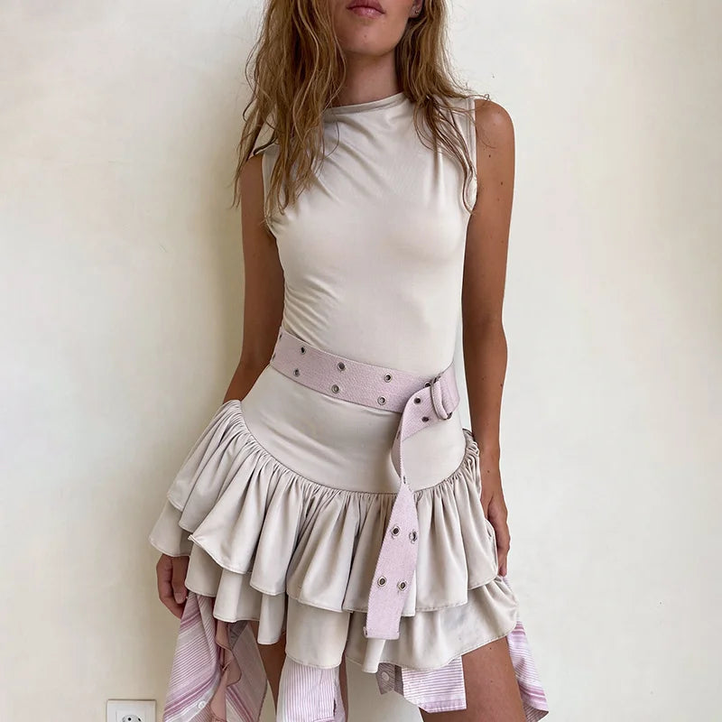 Women Layered Ruffle Hem Mini Dress Sleeveless Slim Tiered Tank Dress Y2K Aesthetic Round Neck Bodycon Puffy Short Sundress Cozy Sweater Mini Dress