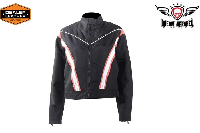 Women's Black Lightweight Racer Style Textile Jacket - Orange/White Strips And Studs V-Neck Jacket Boat Neck Jacket Square Neck Jacket Women's Black Lightweight Racer Style Textile Jacket - Orange/White Strips And Studs V-Neck Jacket Boat Neck Jacket Square Neck Jacket