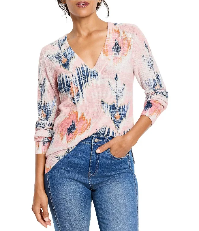 Abstract Floral Waffle Stitch V-Neck Sweater In Pink Multi Elasticated Padded Insulated