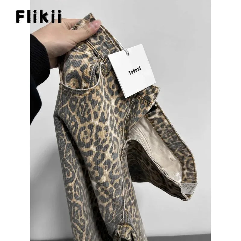 American Retro Leopard High Waist Baggy Jeans Women's Casual Pockets Hip-hop Pants Cozy Tencel Blend Denim Jeans