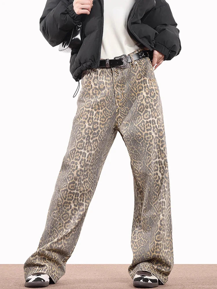 American Style Leopard Wash Jeans Women Y2K Retro Street Hot Girl Loose Casual Pants Casual Distressed Skinny Jeans