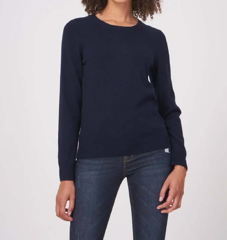 Basic Organic Cashmere Round Neckline Sweater In Navy Satin Fabric Silk Fabric Chiffon Fabric