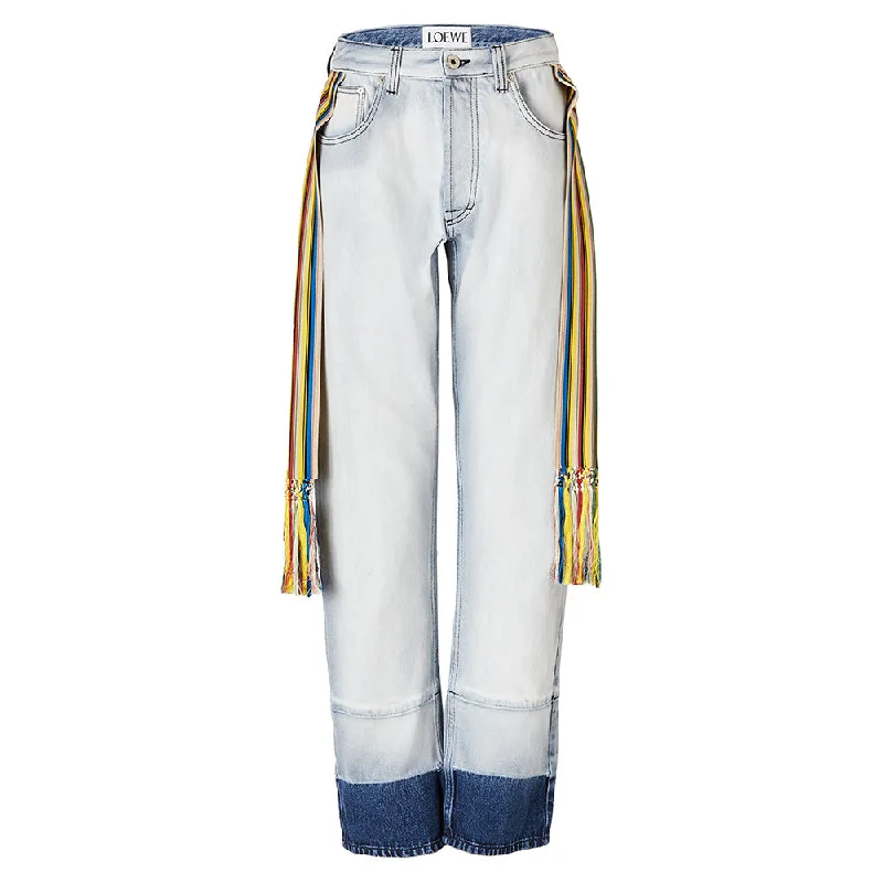 Loewe Women's Straight Leg Cotton Jeans in Light Blue with Rainbow accent Stylish Paperbag Waist Denim