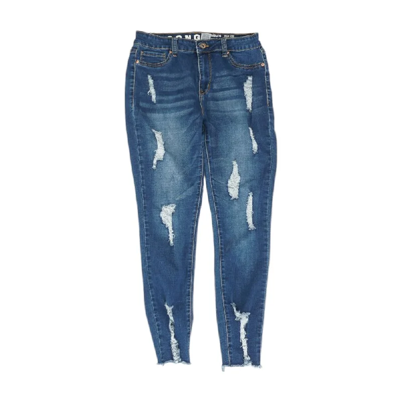 Blue Solid High Rise Skinny Leg Jeans Trendy Pleated Waist Jeans