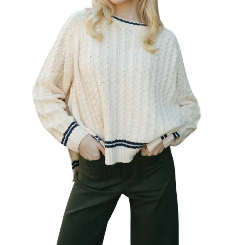 Cable Contrast Sweater In Ivory Striped Floral Plaid