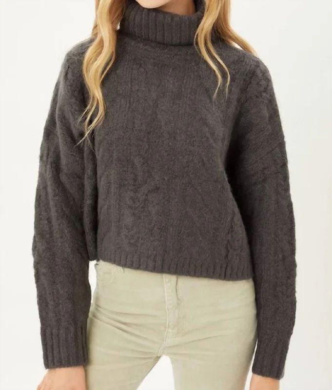 Cable Knit Short Turtleneck Sweater In Charcoal Hooded Sweater Collared Sweater Shawl Collar