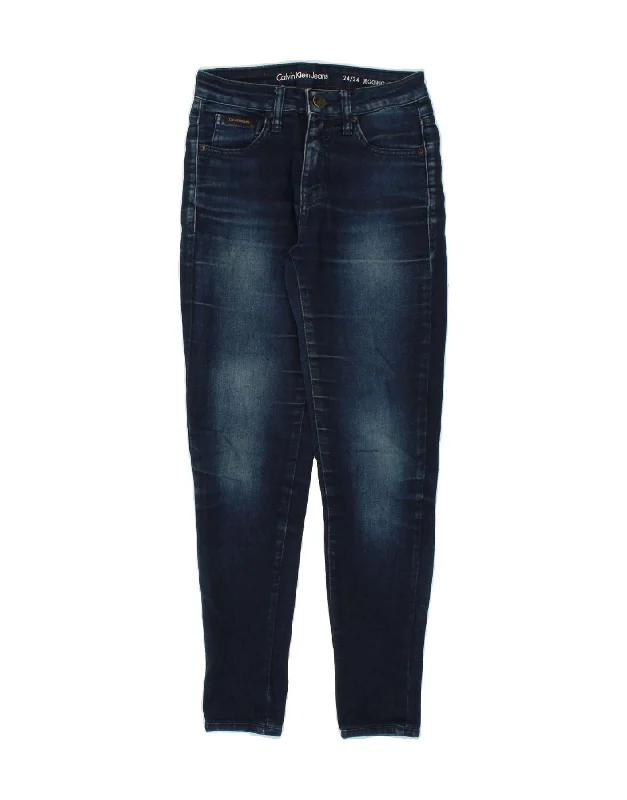CALVIN KLEIN Womens High Waist Jegging Jeans W24 L27 Navy Blue Fashionable Straight Cut Jeans