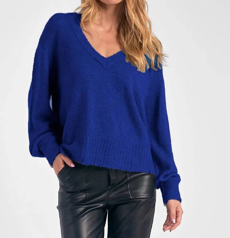 Cassie Classic V Neck Sweater In Royal Blue Solid Print Embellished