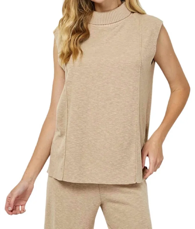 Chat With Me Sleeveless Sweater Top In Taupe Sequined Glittery Shiny