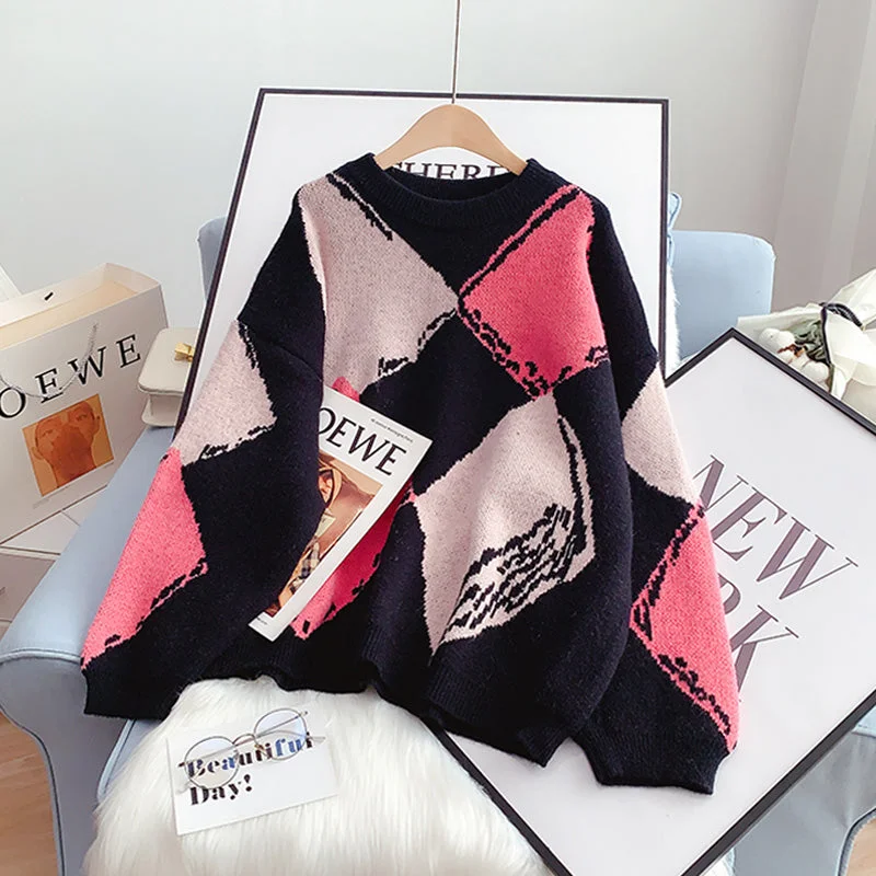 College style contrast diamond check sweater  5096 Faux Fur Fabric Real Fur Fabric Shearling Fabric