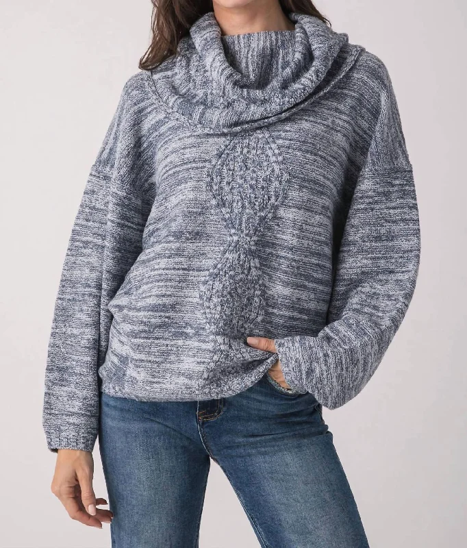 Cowl Neck Marled Yarn Sweater In Denim Blue Cashmere Blend Cotton Blend Poly Blend