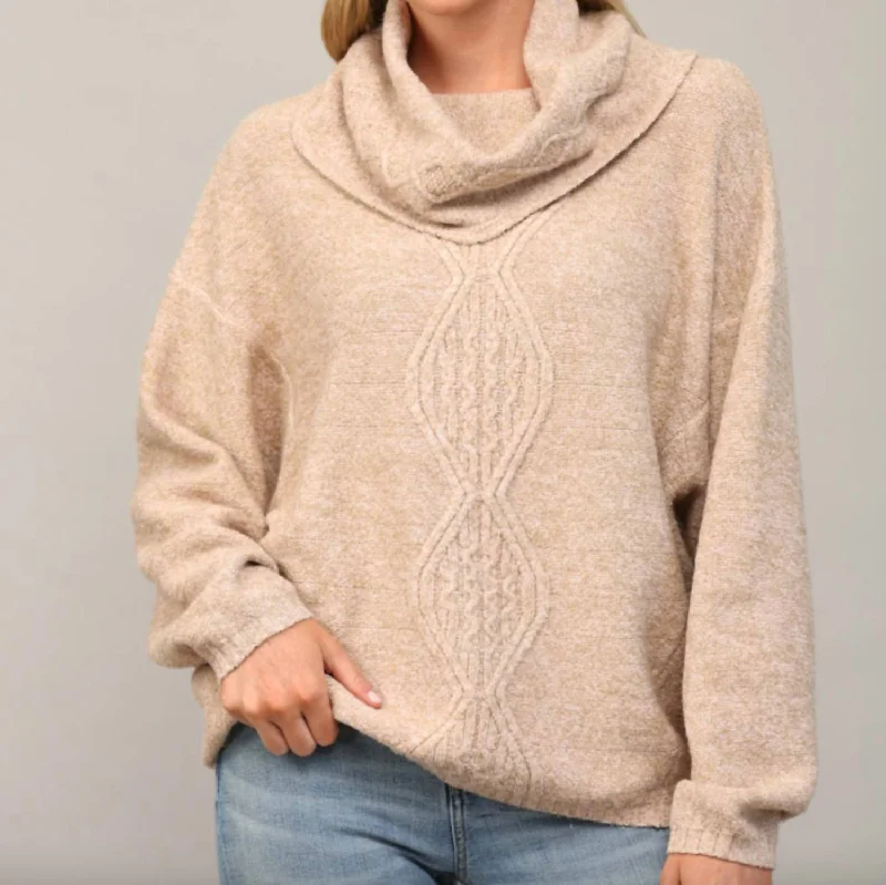 Cowl Neck Marled Yarn Sweater In Latte Oversized Loose Flowy