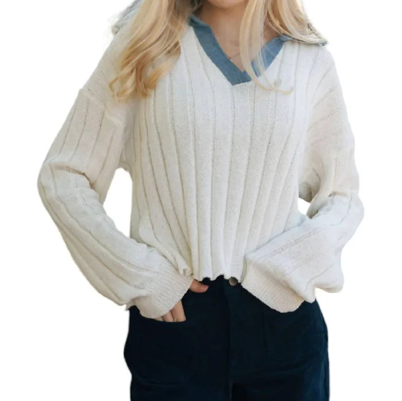 Denim Collar Sweater In Ecru Turtle Neck Boat Neck Asymmetrical Neck