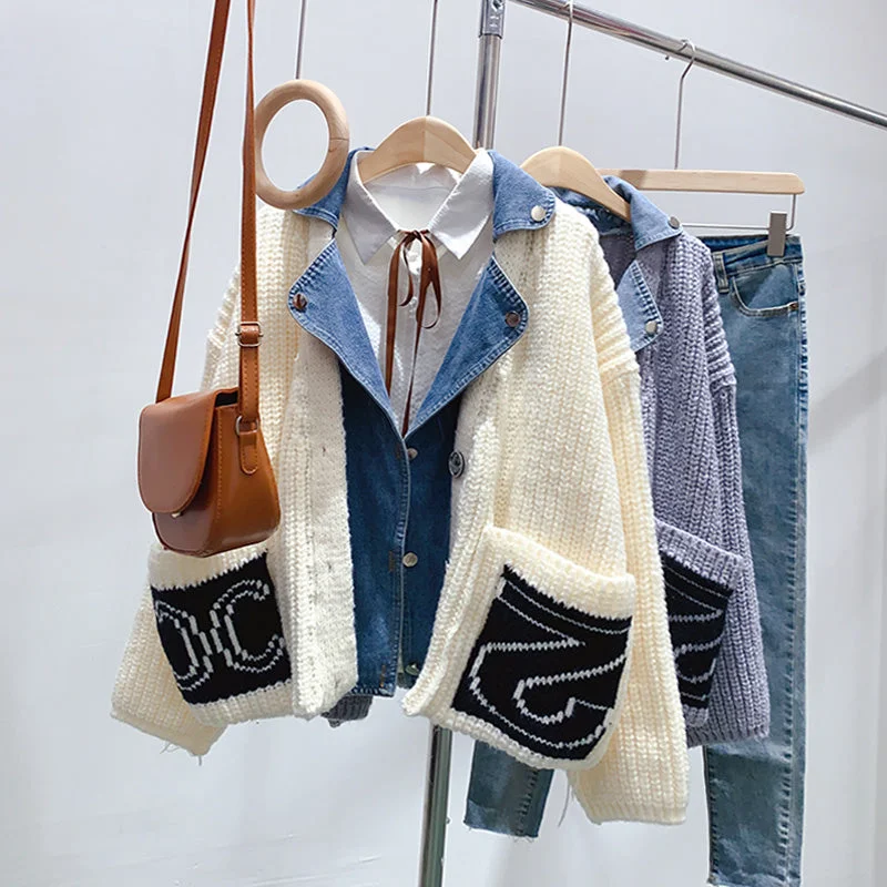 Denim stitched fake two sweater coat knitted cardigan  5038 Houndstooth Herringbone Solid