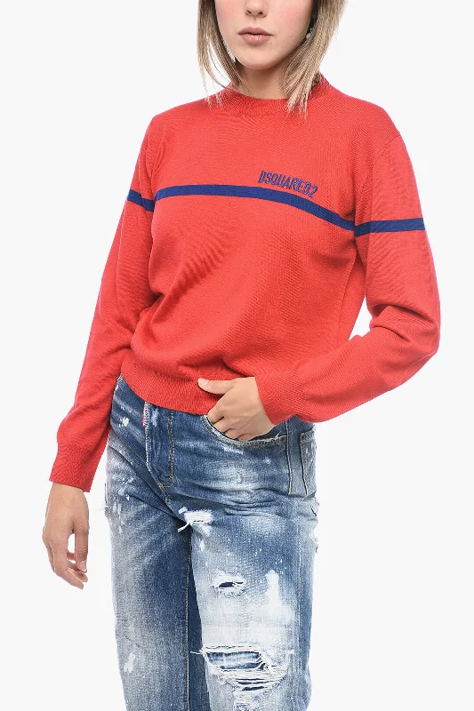 Dsquared2 Crew Neck Virgin Wool Sweater with Embroidered Logo Iron Safe Non-Iron Wrinkle Free