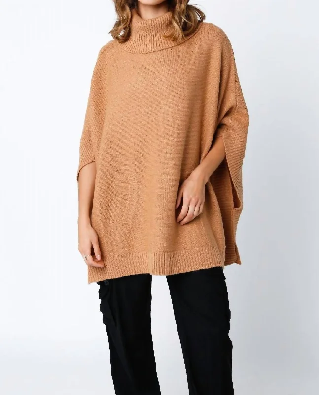 Emily Sweater Poncho In Camel Stretchy Elastic Breathable