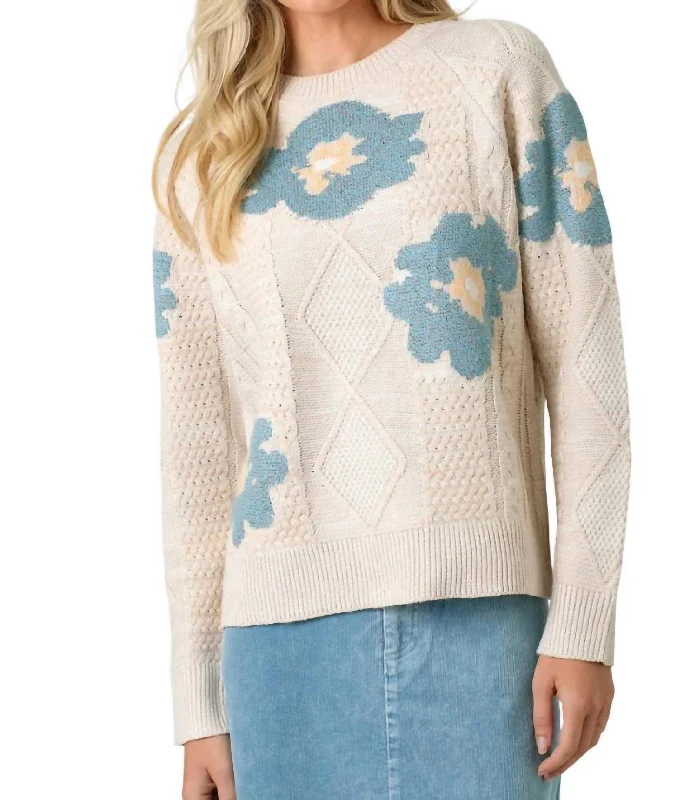 Floral Pattern Sweater In Oatmeal Mix Mesh Blend Leather Blend Suede Blend