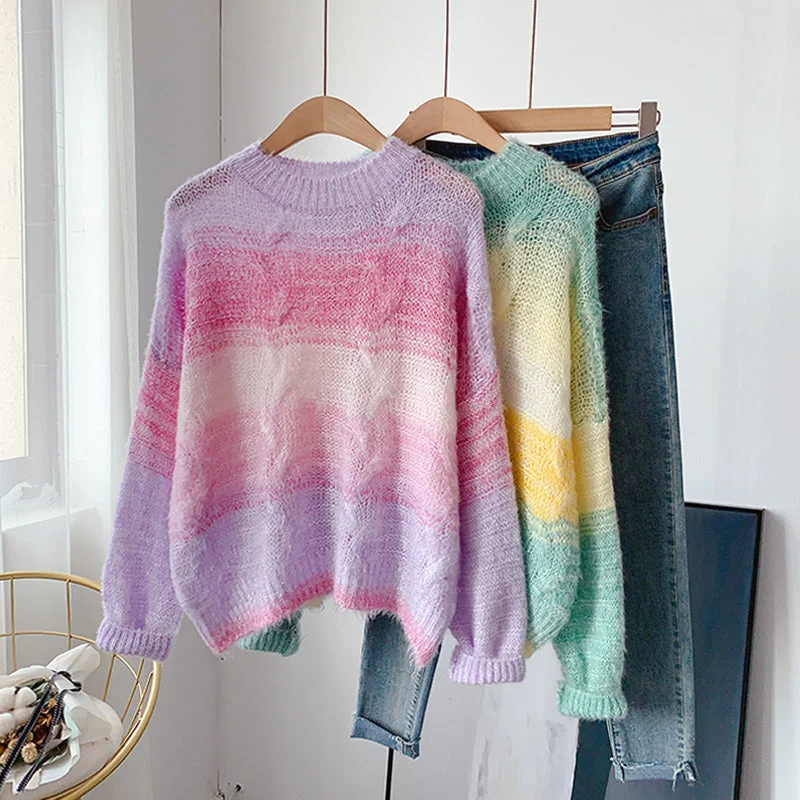 Gradient soft waxy color knitted Mohair loose Pullover Sweater  5078 Seamless Knitted Crochet