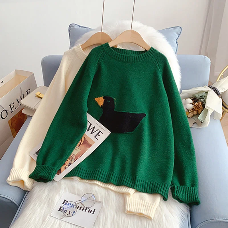 Japanese embroidered duck cartoon sweater  5099 Lace Blend Ribbed Blend Corduroy Blend