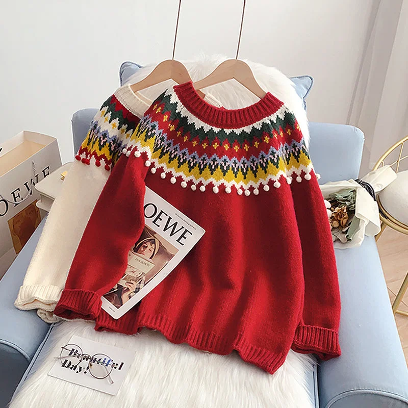 Japanese retro Christmas red sweater female Pullover  5068 Wool Sweater Cotton Sweater Cashmere Sweater