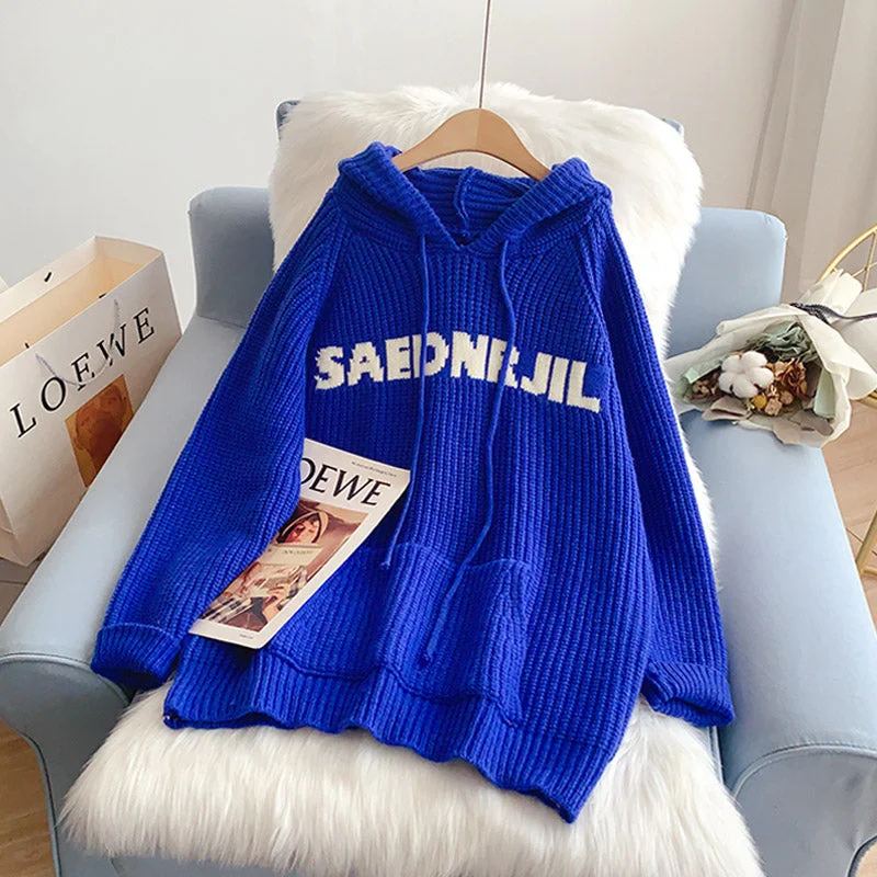 Klein Blue loose hooded sweater sweater  5076 Houndstooth Herringbone Solid