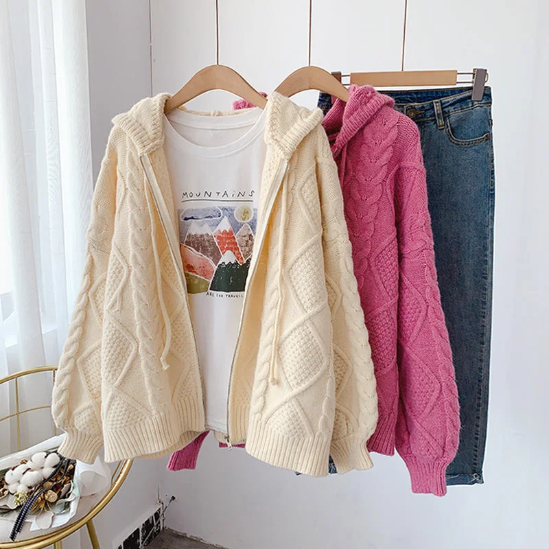 Knitted hooded twist sweater coat women's cardigan 5049 Mesh Blend Leather Blend Suede Blend Knitted hooded twist sweater coat women's cardigan 5049 Mesh Blend Leather Blend Suede Blend
