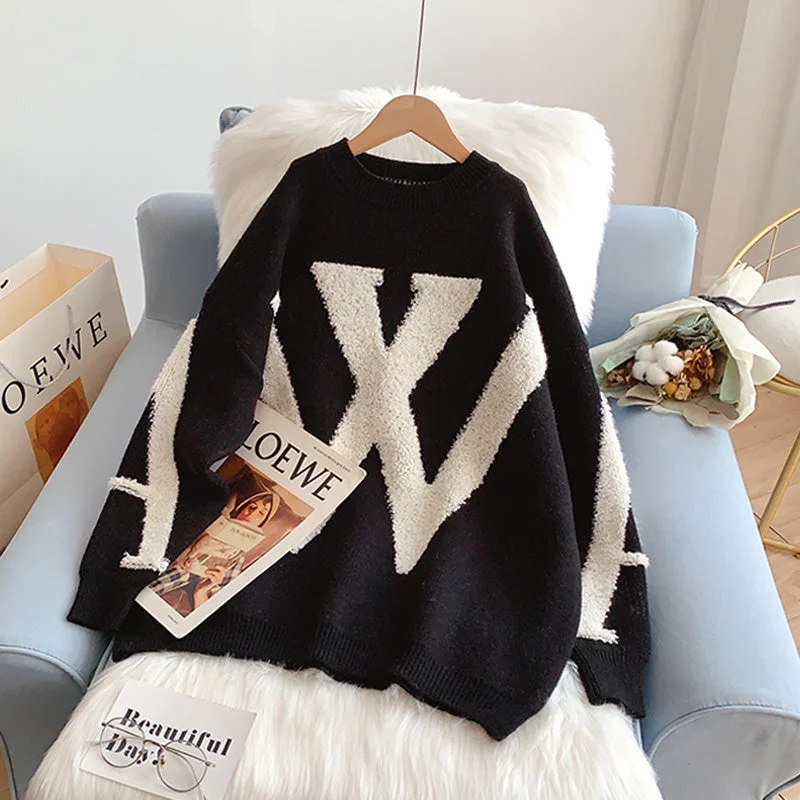 Lazy letter three-dimensional flocking jacquard sweater 5043 Notch Collar Peter Pan Collar Cowl Neck Lazy letter three-dimensional flocking jacquard sweater 5043 Notch Collar Peter Pan Collar Cowl Neck
