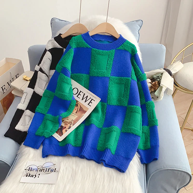 Lazy wind contrast plaid sweater  5063 High Neck Crew Neck V-Neck