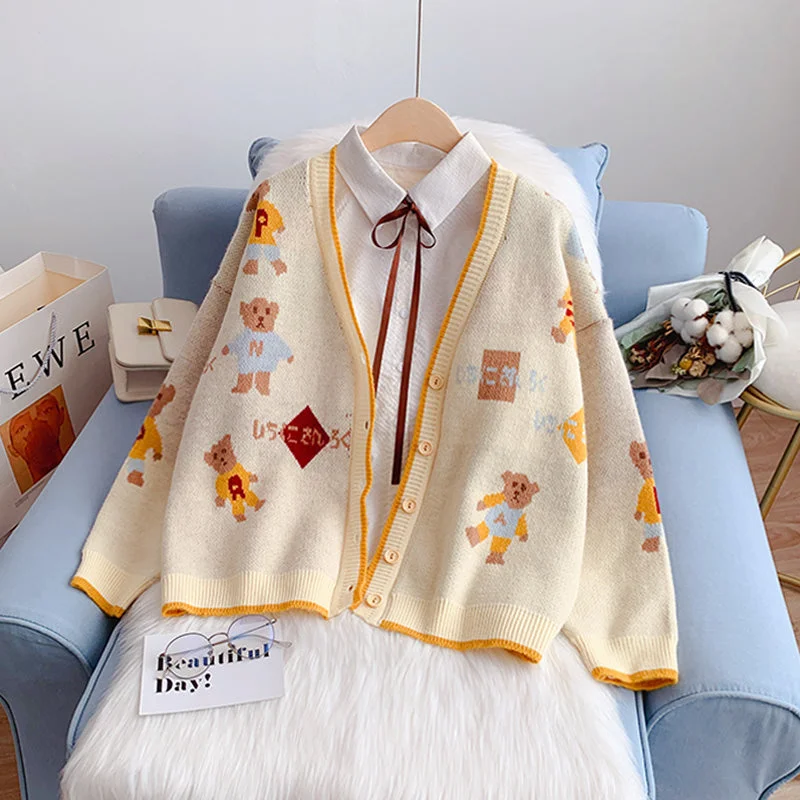 Little bear sweater cardigan V-neck knitted jacket  5064 Tailored Straight A-Line