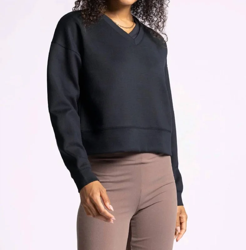 Martina V-Neck Pullover Sweater In Black Rib Silk Blend Satin Velvet