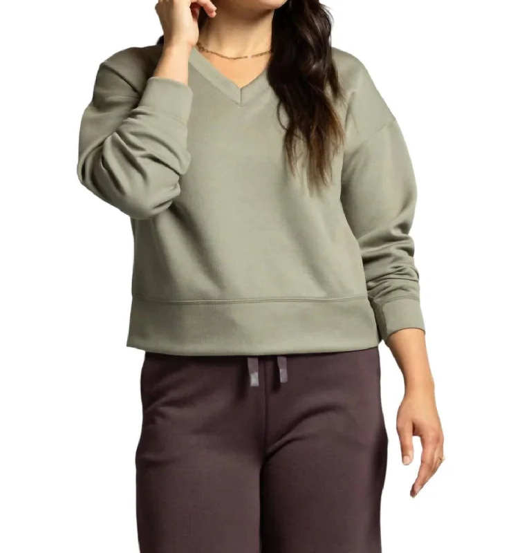 Martina V-Neck Pullover Sweater In Vetiver Rib Soft Cozy Warm