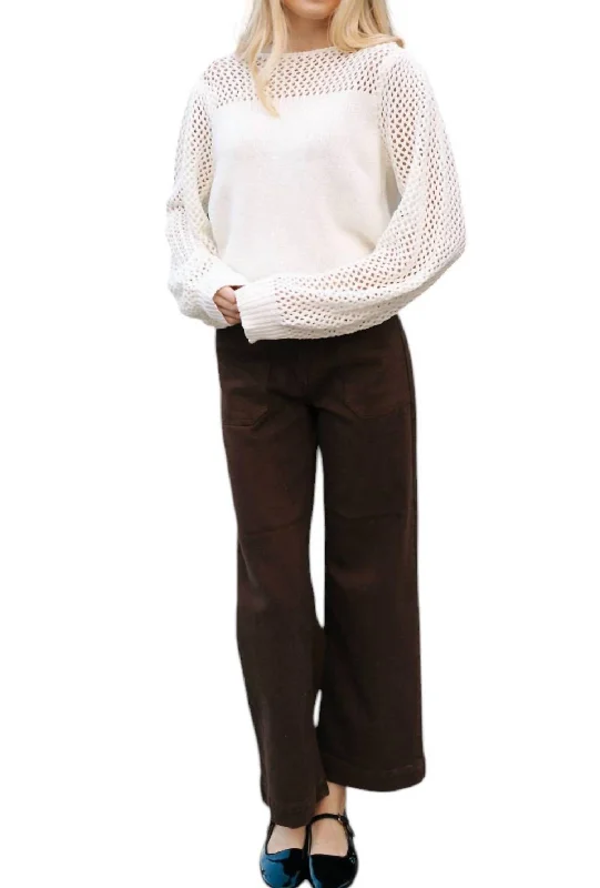 Mesh Top Sweater In Ivory Lace Blend Ribbed Blend Corduroy Blend