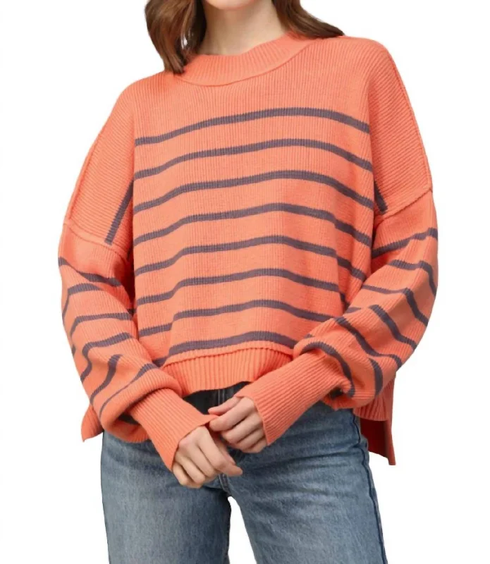 Miley Striped Drop Shoulder Sweater In Orange/purple Mesh Blend Leather Blend Suede Blend