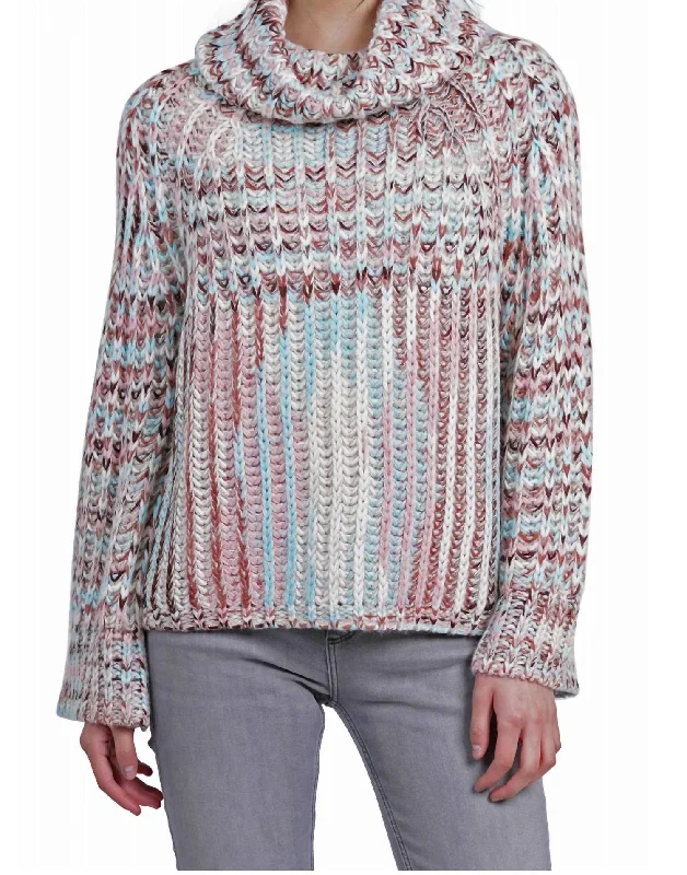 Mimi Chunky Turtleneck Sweater In Pink Multi Toggled Drawstring Belted