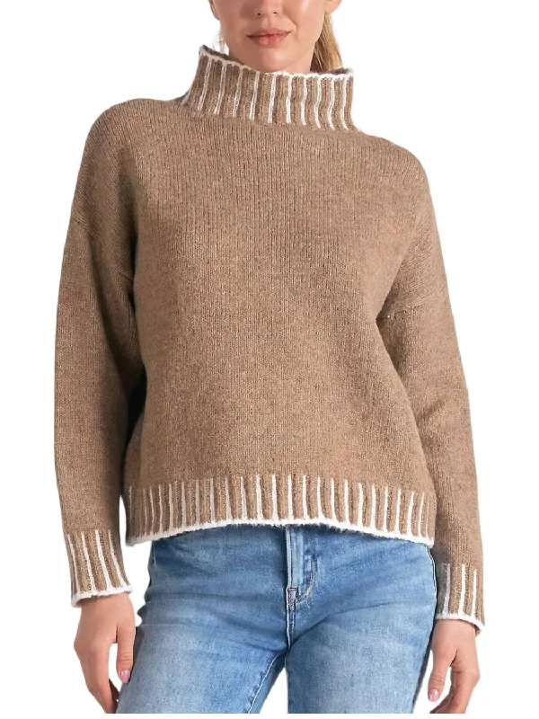 Mock Neck Sweater In Tan Zippered Buttoned Snapped