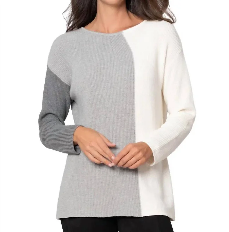 Modern Mix Sweater In Dark Gray/light Gray/ivory Toggled Drawstring Belted